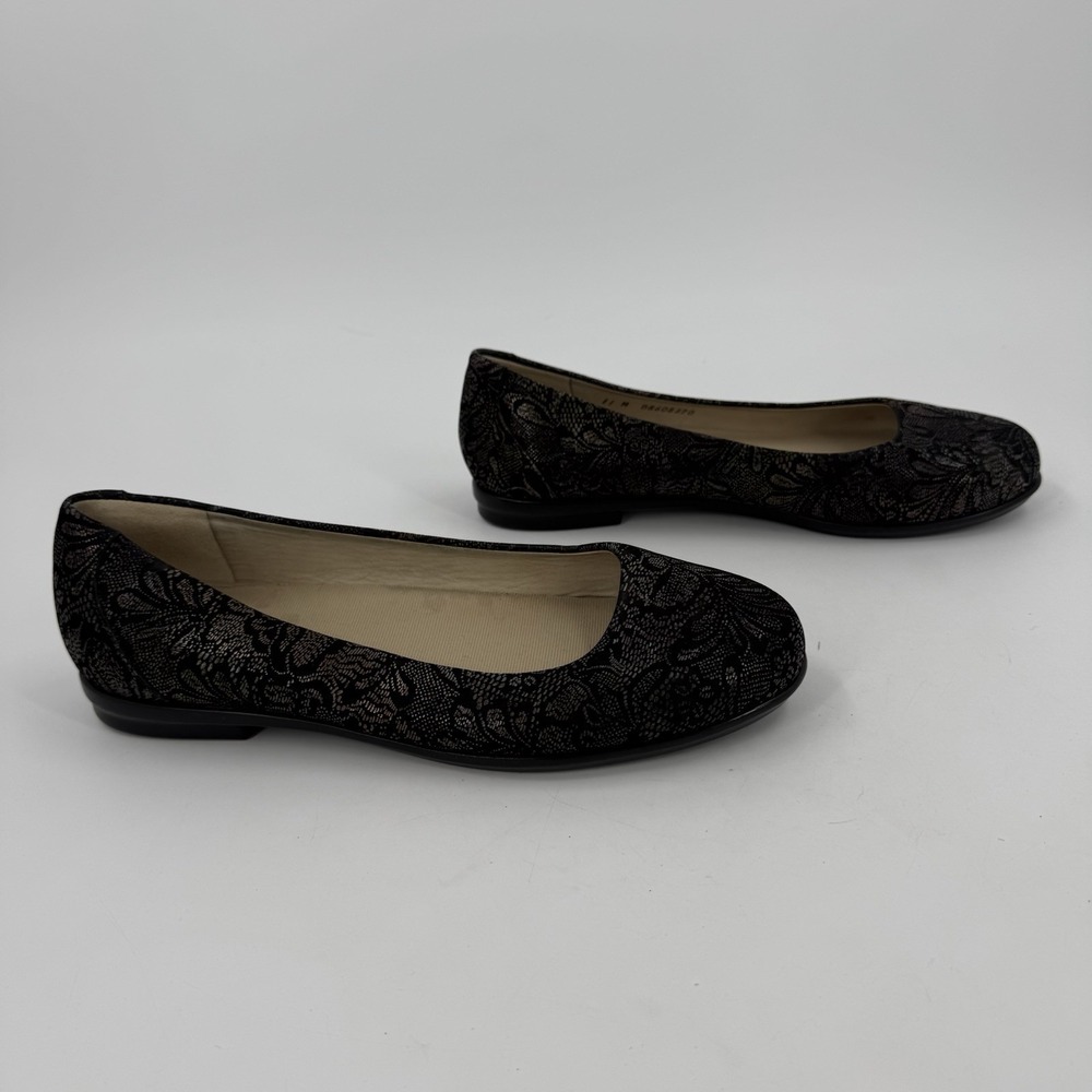 SAS Women's 11M Black Floral Leather Ballet Flats Made in USA Comfort Shoes